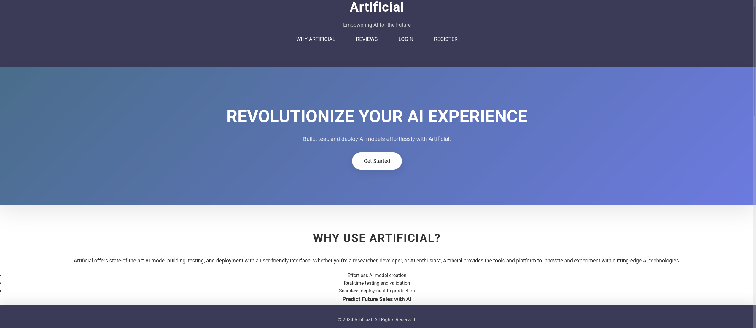 Artificial AI themed welcome page