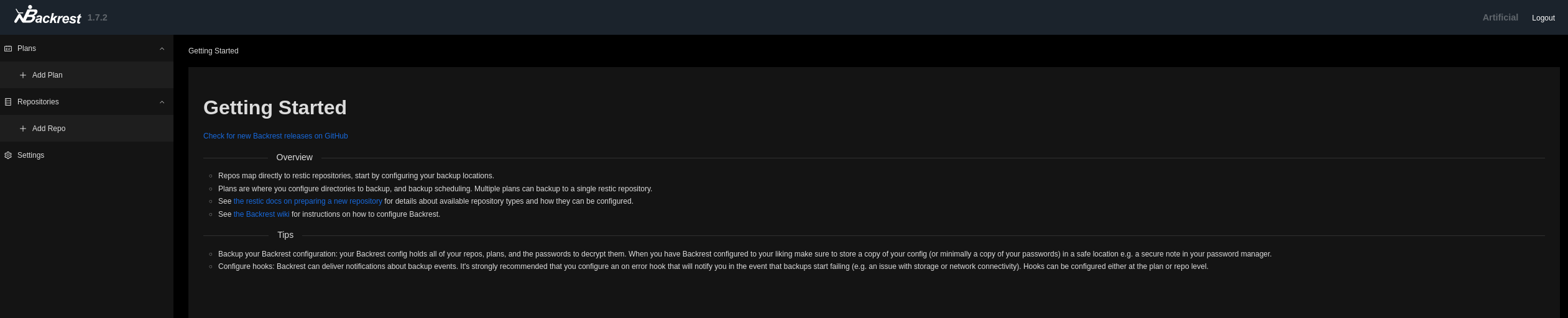 backrest logged in web portal