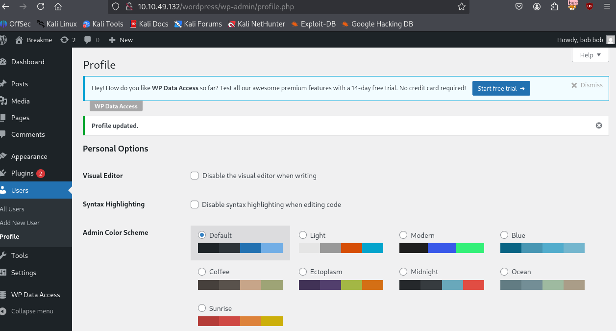 Wordpress panel with admin privileges