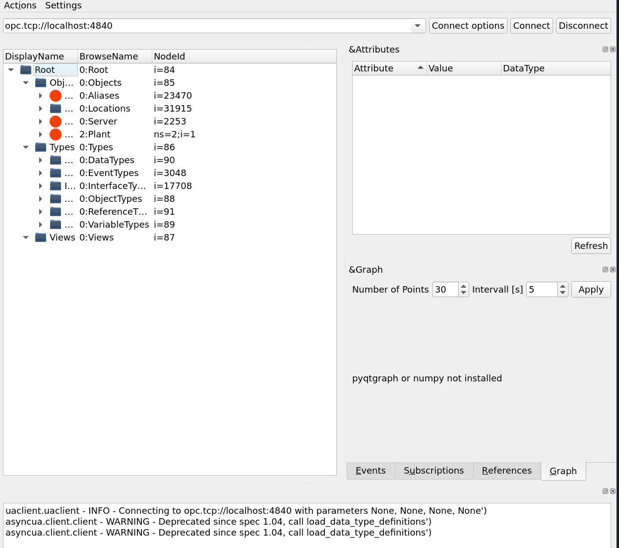 Initial connection to OPC UA client